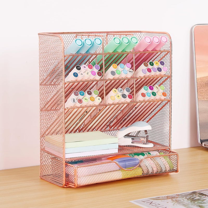 Spacrea Pen Holder Desk Organizer - Desk Organizers and Accessories, Pencil Holder with 10 Compartments and 1 Drawer（Rose Gold） - Image 4